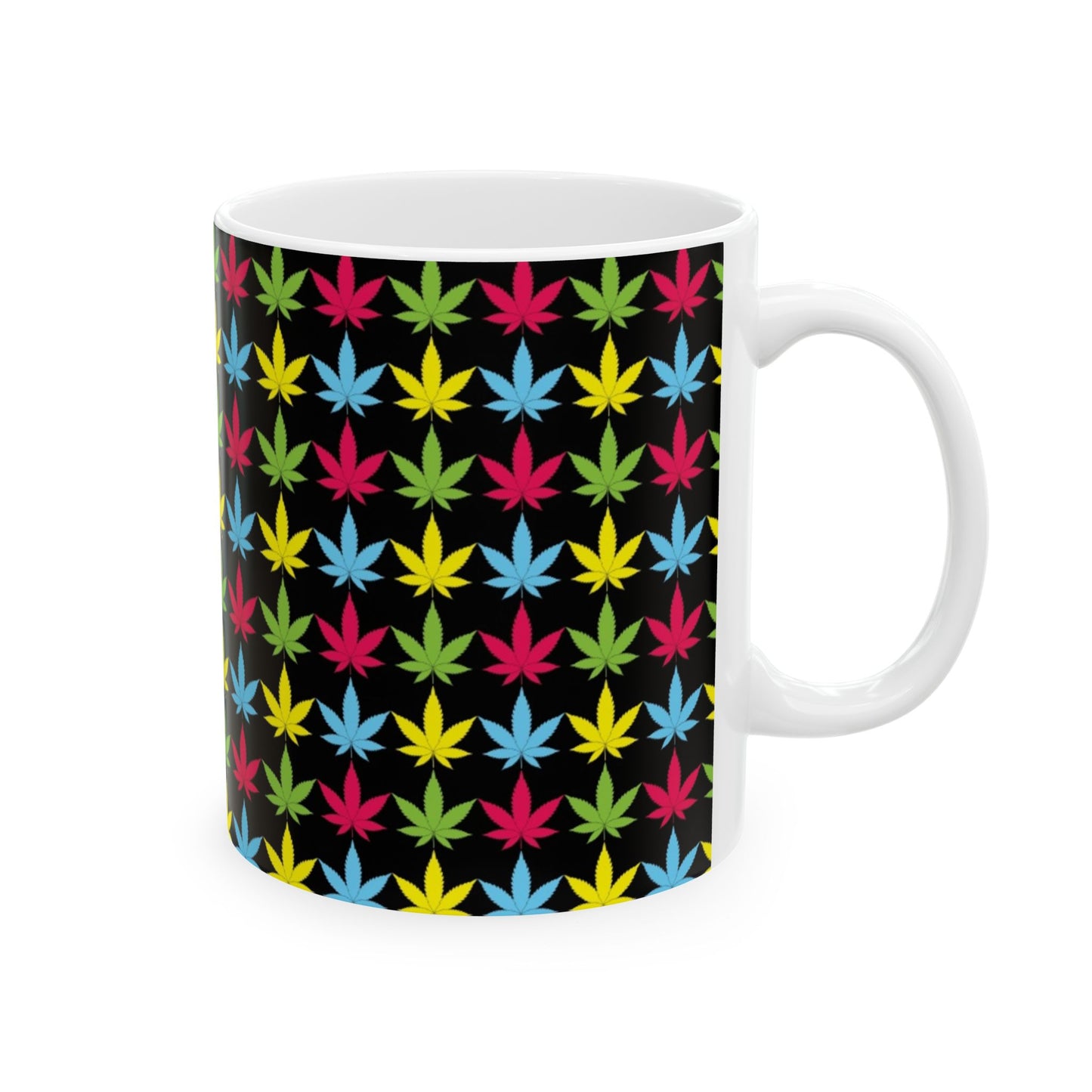 Ceramic Mug, 11 oz Marijuana Leaf Pink Green Blue Yellow