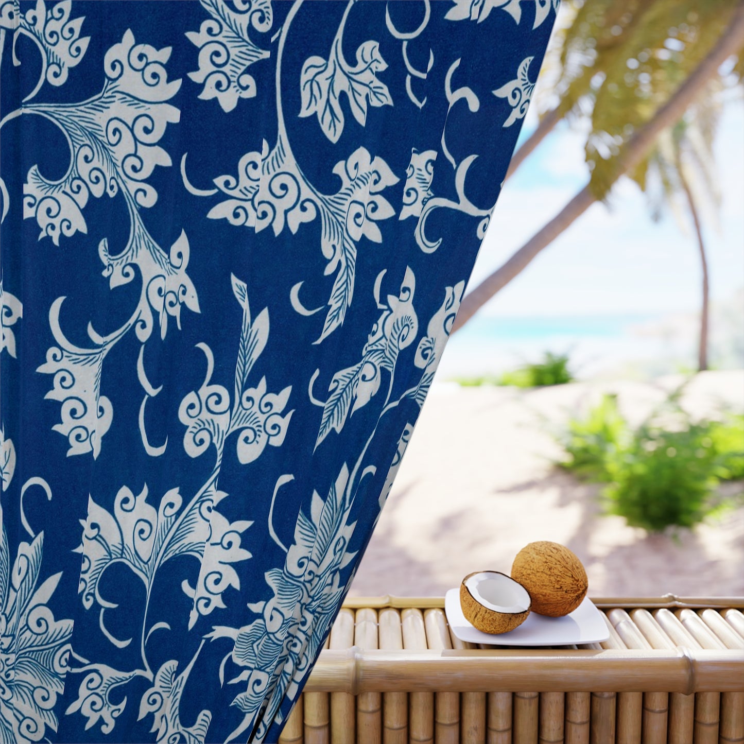 Window Curtains 50"x 84" (1 Piece) Blue Flowers Antique Design