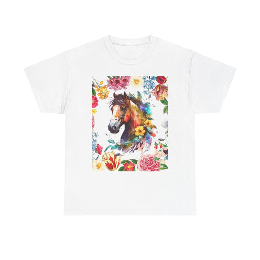 Camiseta unisex de algodón grueso con diseño de caballo floral: regalo para amantes de la naturaleza, perfecta para primavera y verano.