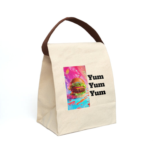 Yum Yum Yum Canvas Lunch Bag - Fun and Colorful Tote for Foodies