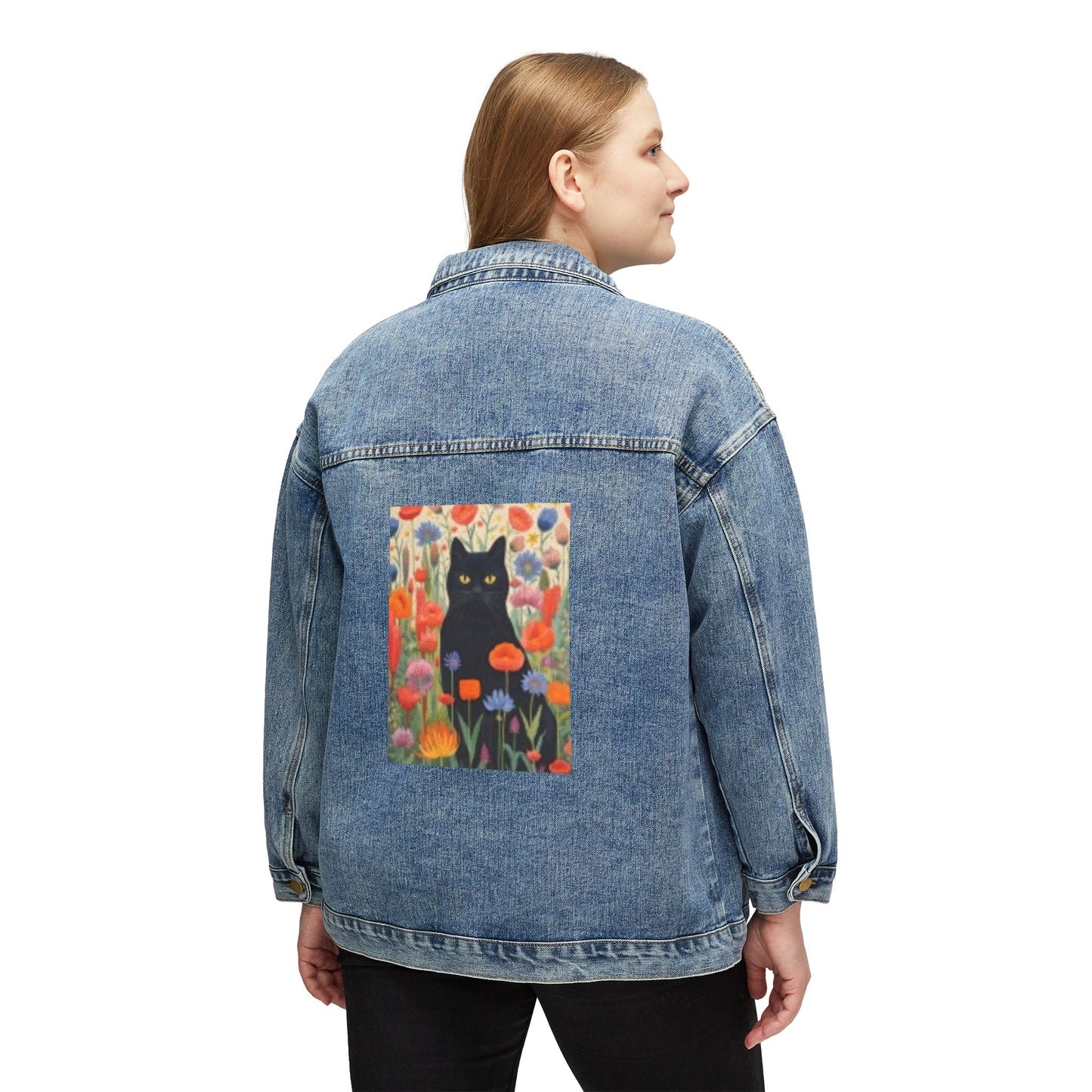 Veste en jean pour femme avec motif floral et chat - Vêtements d'extérieur tendance et décontractés
