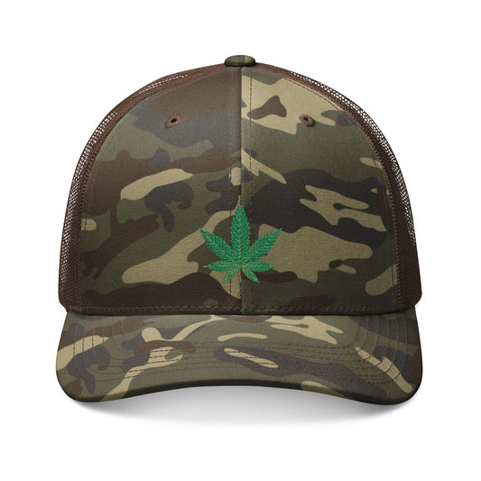 Green Cannabis Leaf Camouflage Trucker Hat - Stylish Embroidered Cap for Outdoor Enthusiasts
