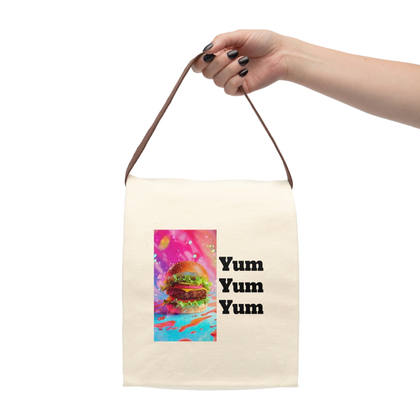 Yum Yum Yum Canvas Lunch Bag - Fun and Colorful Tote for Foodies