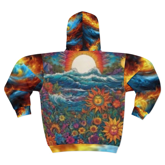 Sudadera con capucha y cremallera con diseño de girasol grande y puesta de sol