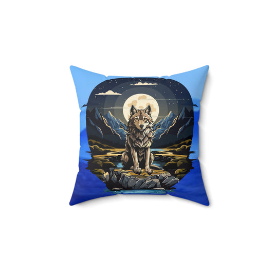 Coussin Paysage Loup Lune - Coussin carré confortable en polyester filé pour les amoureux de la nature