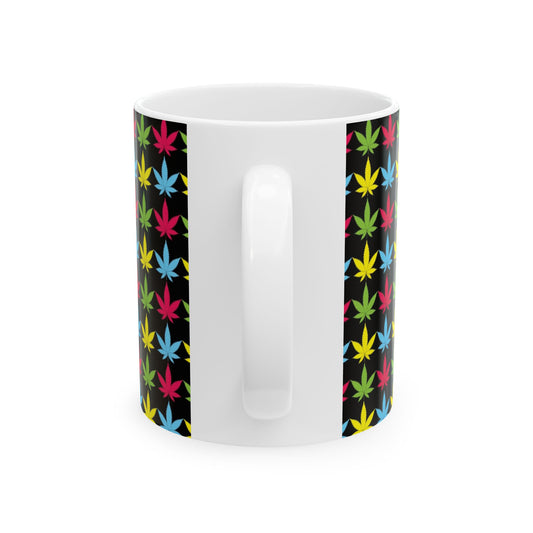 Ceramic Mug, 11 oz Marijuana Leaf Pink Green Blue Yellow