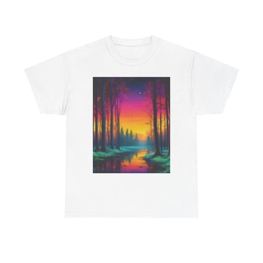 Camiseta unisex de algodón grueso con paisaje de atardecer vibrante