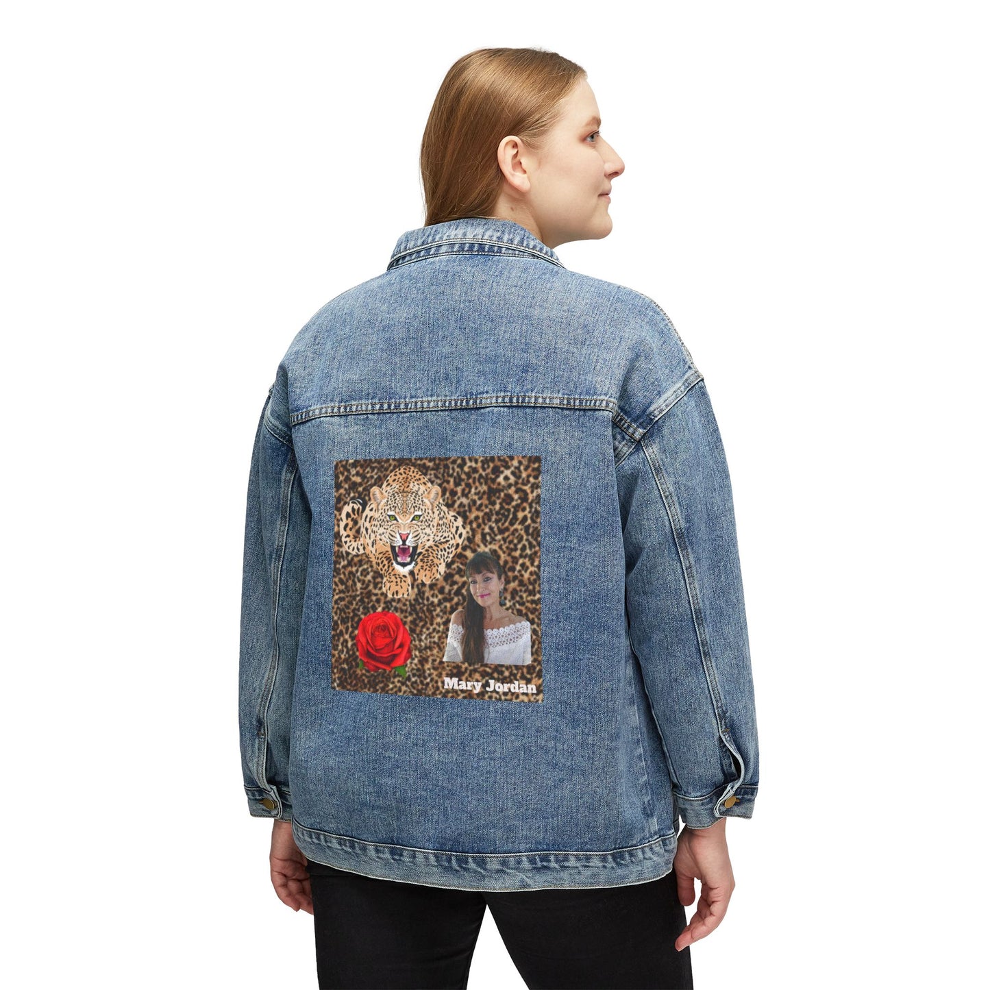 Stylish Women's Denim Jacket with Leopard Print and Rose Design
