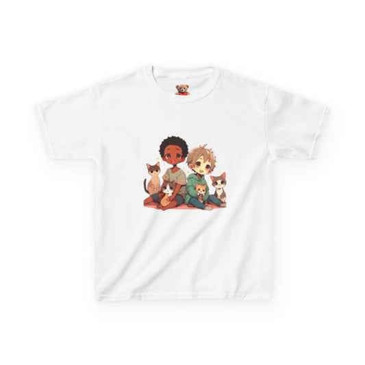 Children with Cats & Heart Kids Heavy Cotton T-shirt Looking Fabulous!