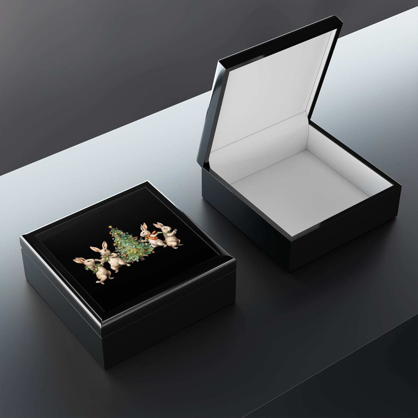 Jewelry Box Black Four Rabbits Christmas Tree