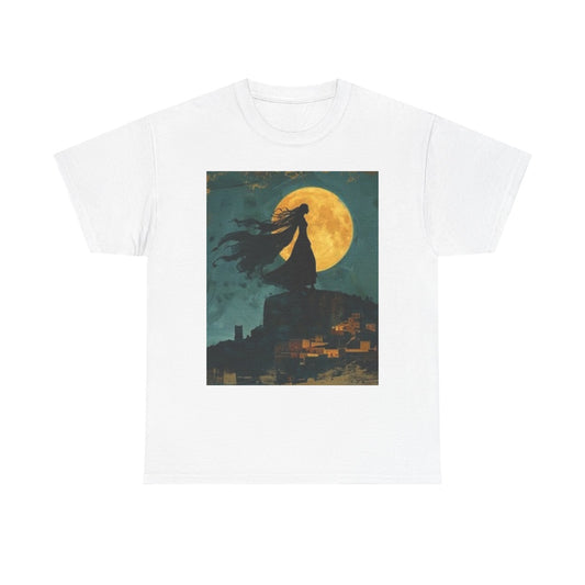 Camiseta unisex de algodón grueso con diseño de Luna Mística y Pájaro - Diseño Noche Encantada