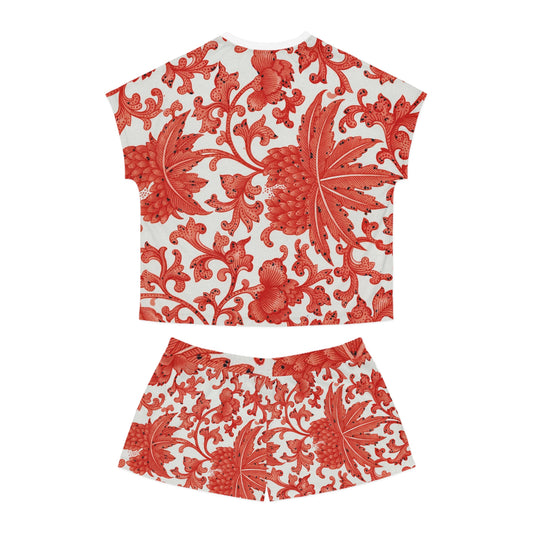 Conjunto de pijama corto para mujer con hojas rojas de fantasía