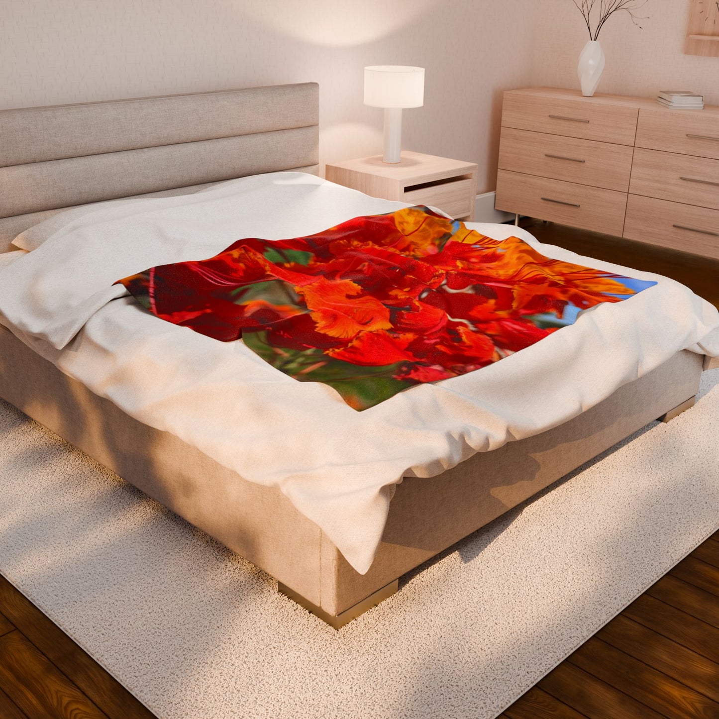 Velveteen Plush Blanket 50"x60" Vibrant Orange Flowers