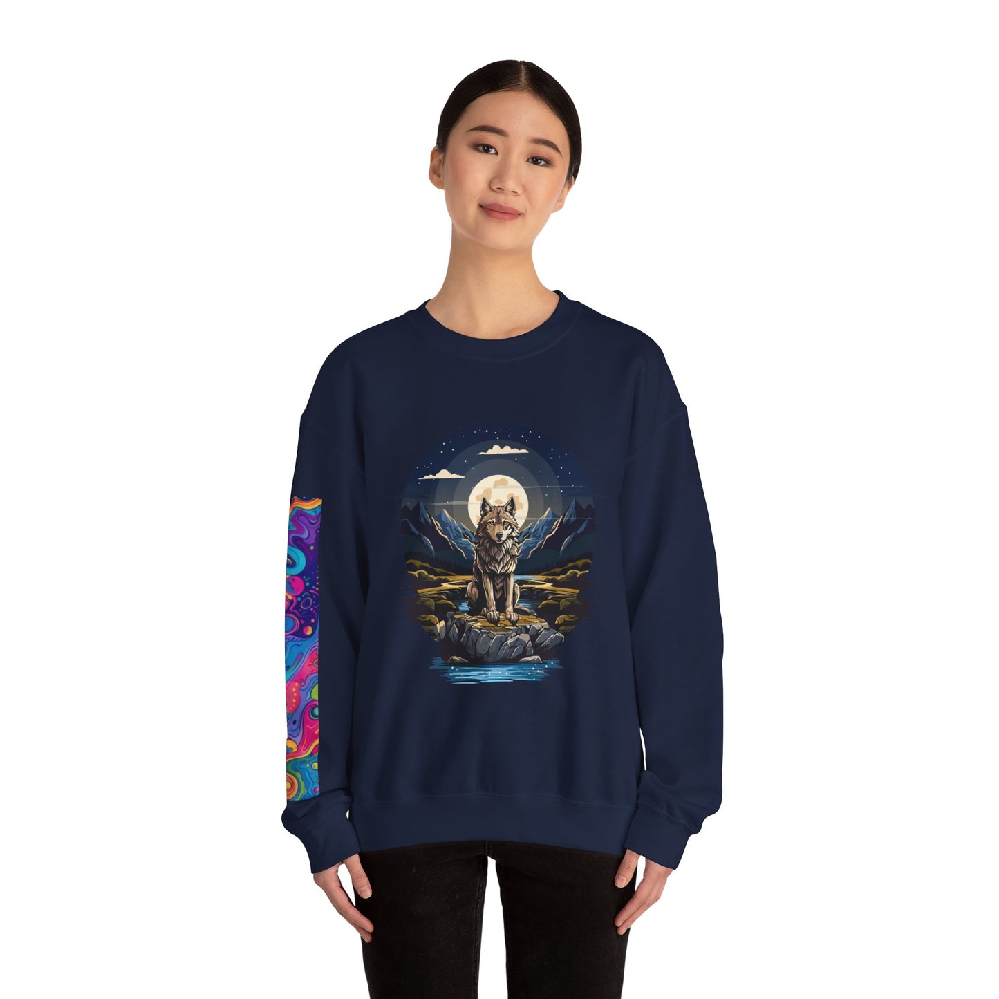 Sudadera unisex de cuello redondo con estampado animal artístico: diseños atrevidos para amantes de los perros y los lobos.