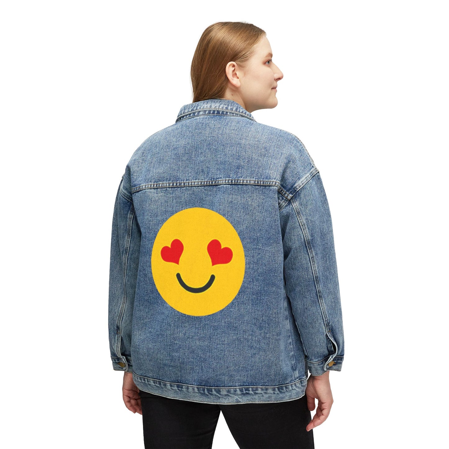 Trendy Women's Denim Jacket with Happy Face Heart Eyes Emoji, Casual Fall Fashion, Birthday Gift, Everyday Style, Cute Layering Jacket