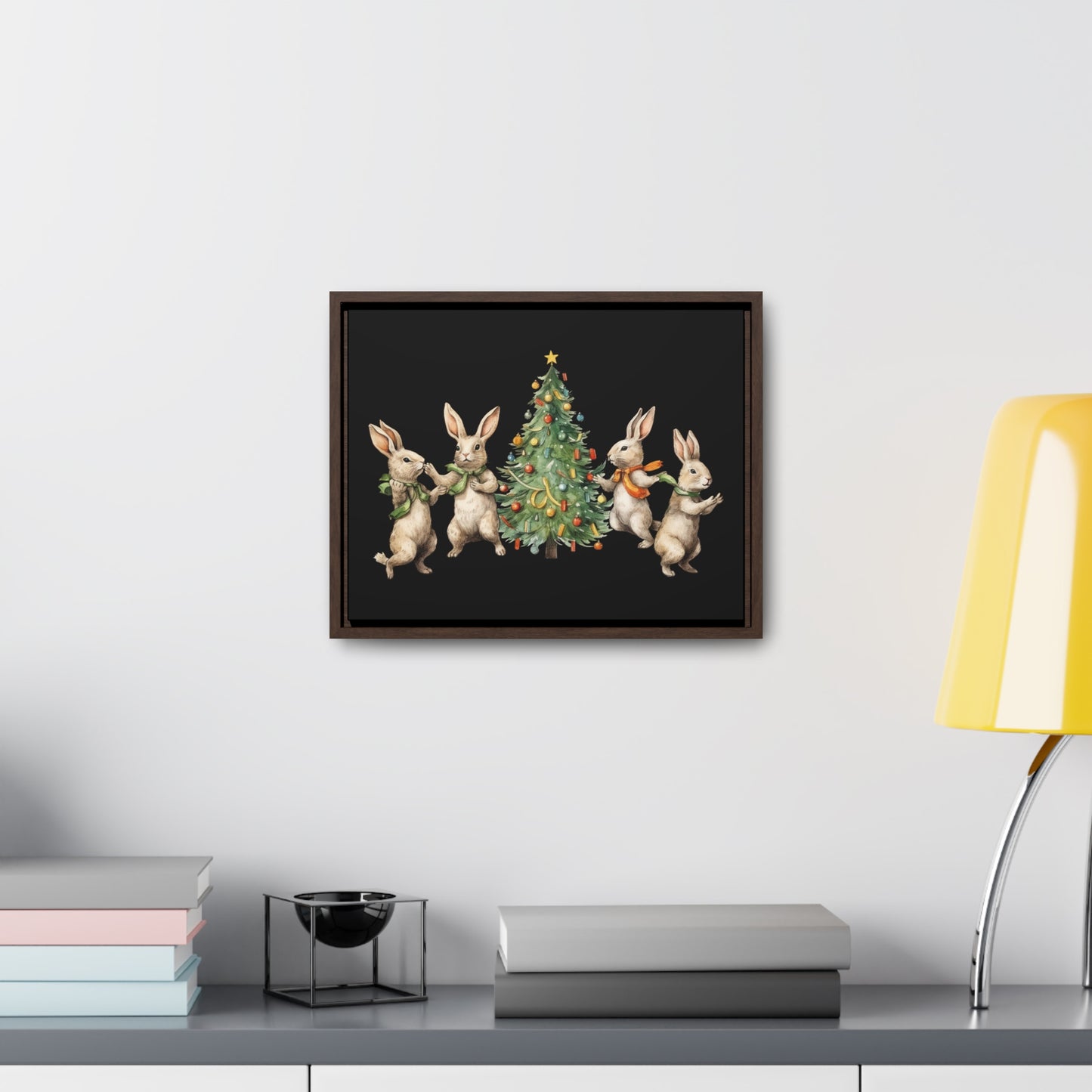 Marco de lona negro horizontal Árbol de Navidad con cuatro conejos
