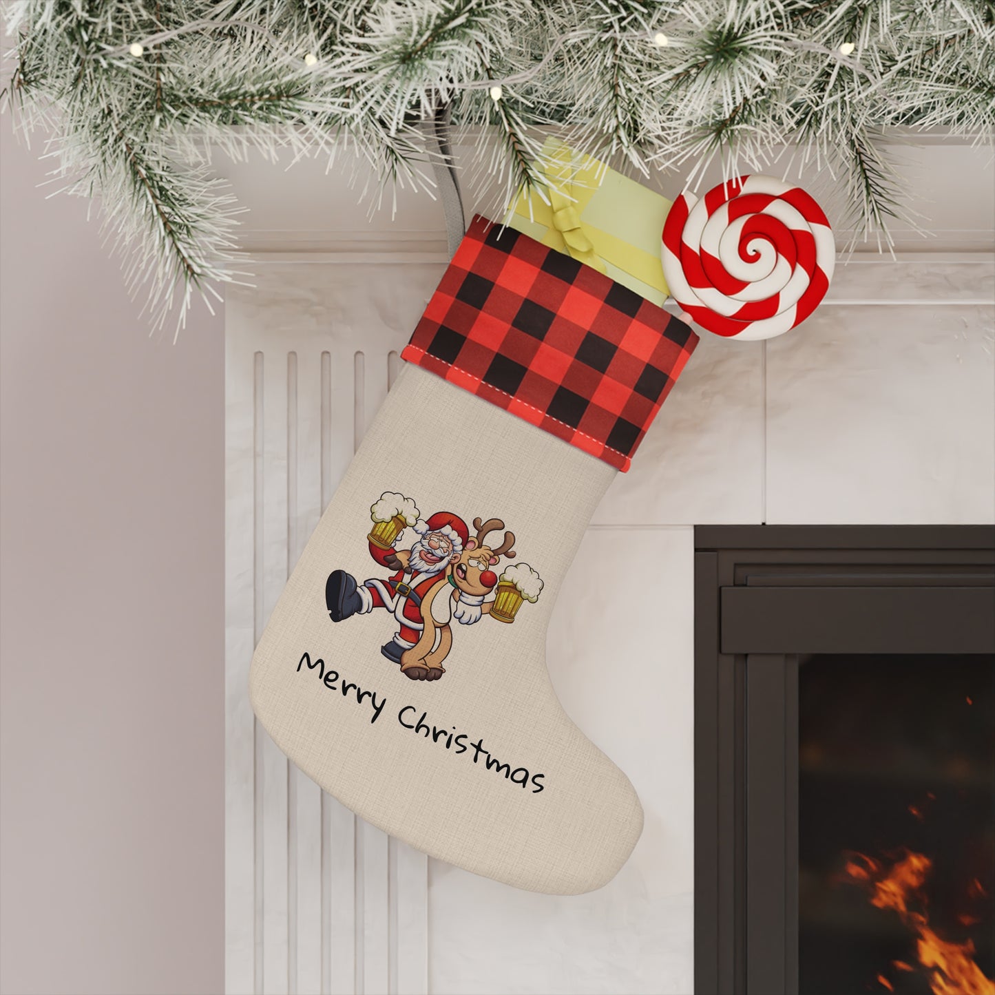 Christmas Stocking Santa Claus Red Nose Reindeer Drinking Beer