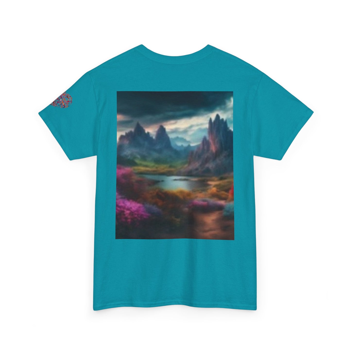 Camiseta unisex de algodón grueso Artistic Wilderness: diseño vibrante de aves y paisaje escénico