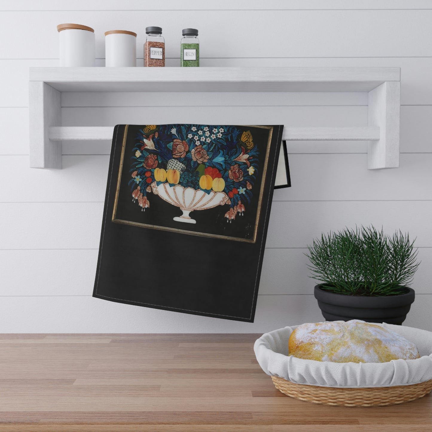 Fruit on a black background Kitchen Towel Love Cooking!