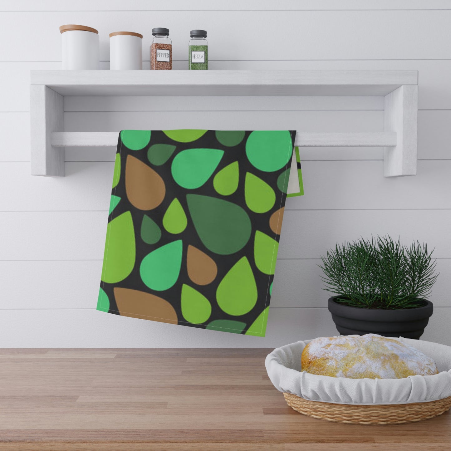 Green Brown Teardrops Kitchen Towel Love Cooking!
