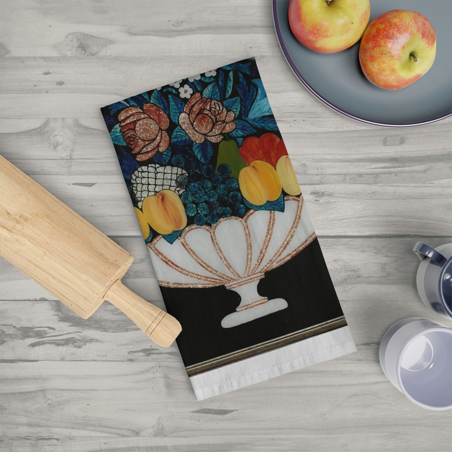 Fruit on a Black Background Kitchen Towel Love Cooking!