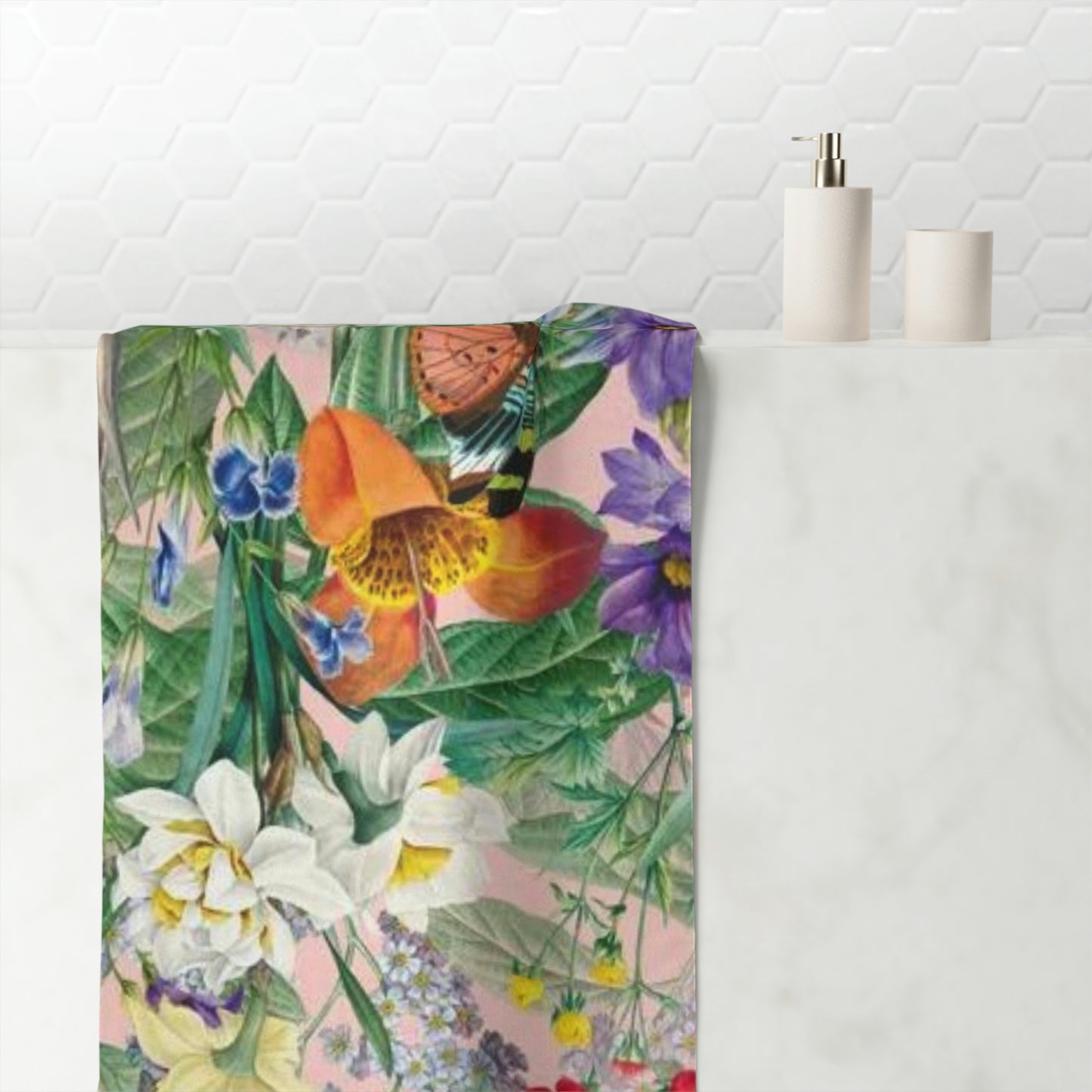 ¡Toalla de baño con diseño de jardín de flores y mariposas! ¡Impecable! ¡Juegos a juego!