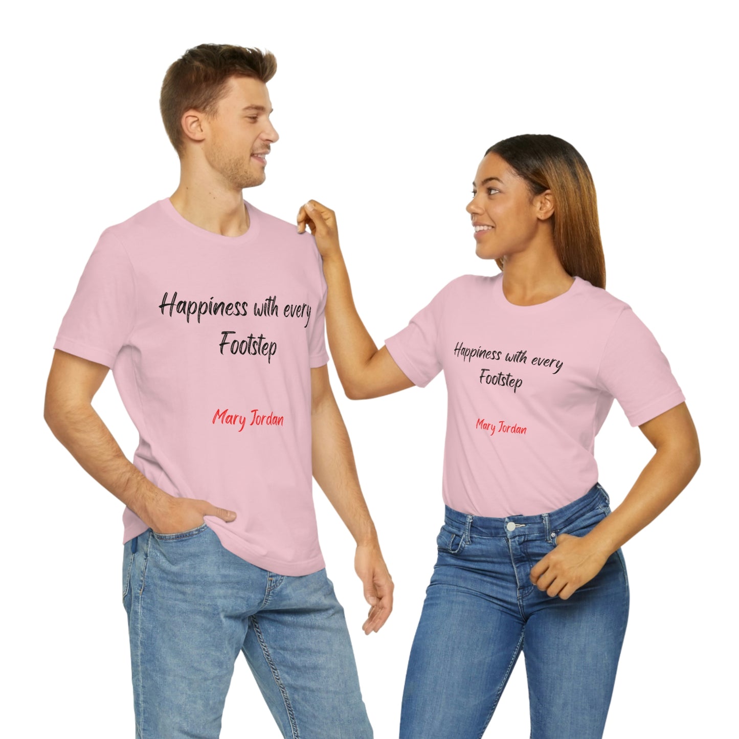 T-shirt à manches courtes unisexe en jersey avec inscription « Le bonheur à chaque pas » de Mary Jordan pour hommes, femmes et enfants