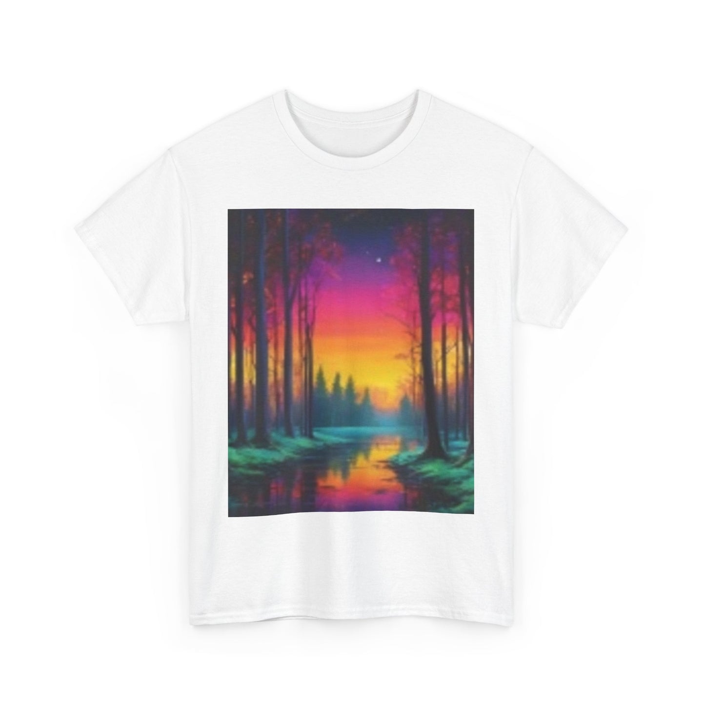 Camiseta unisex de algodón grueso con paisaje de atardecer vibrante 