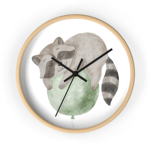 Wall Clock Raccoon on Green Balloon