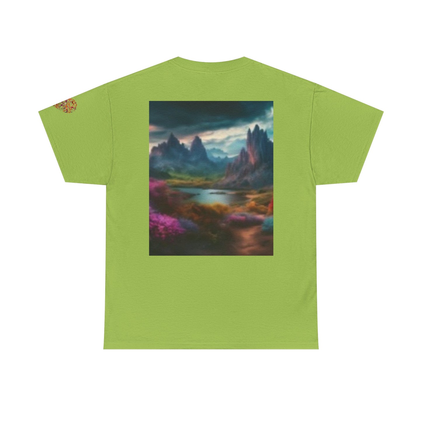 Camiseta unisex de algodón grueso Artistic Wilderness: diseño vibrante de aves y paisaje escénico 