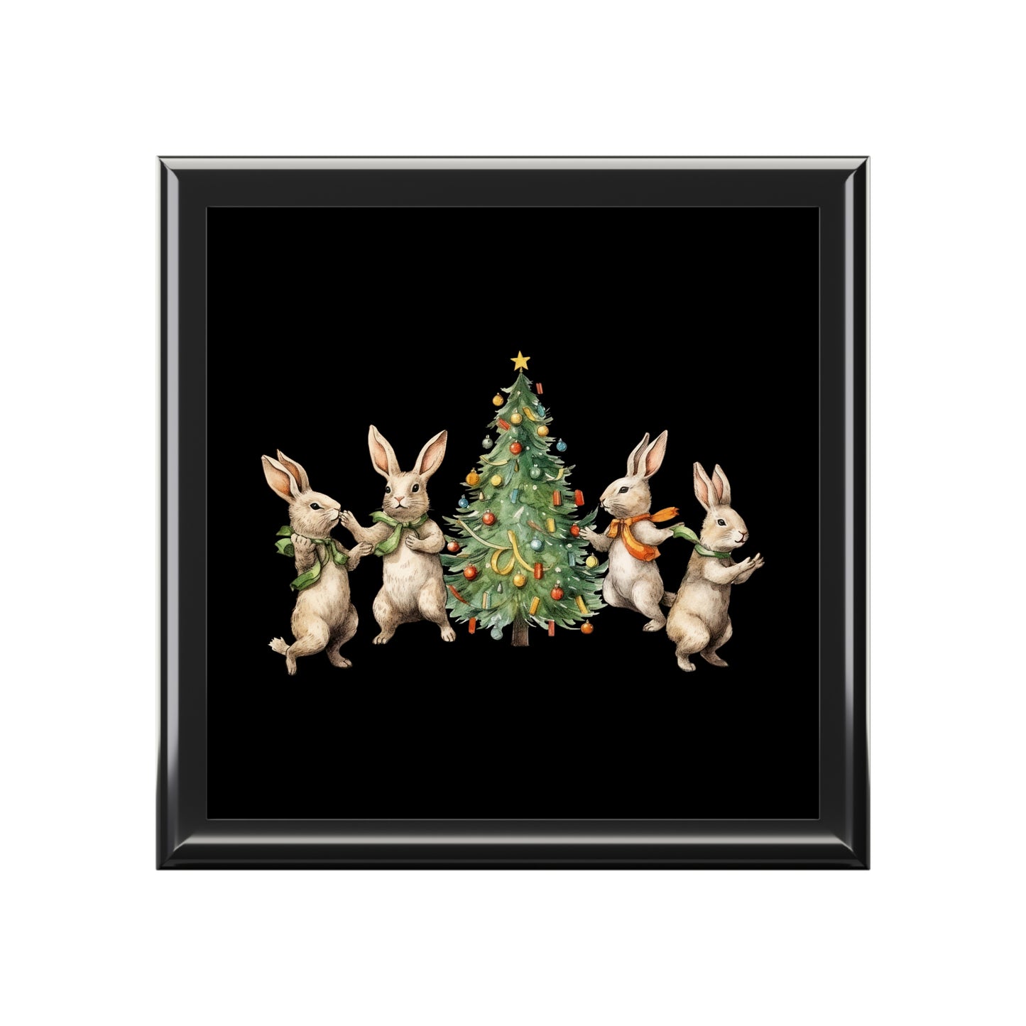 Jewelry Box Black Four Rabbits Christmas Tree