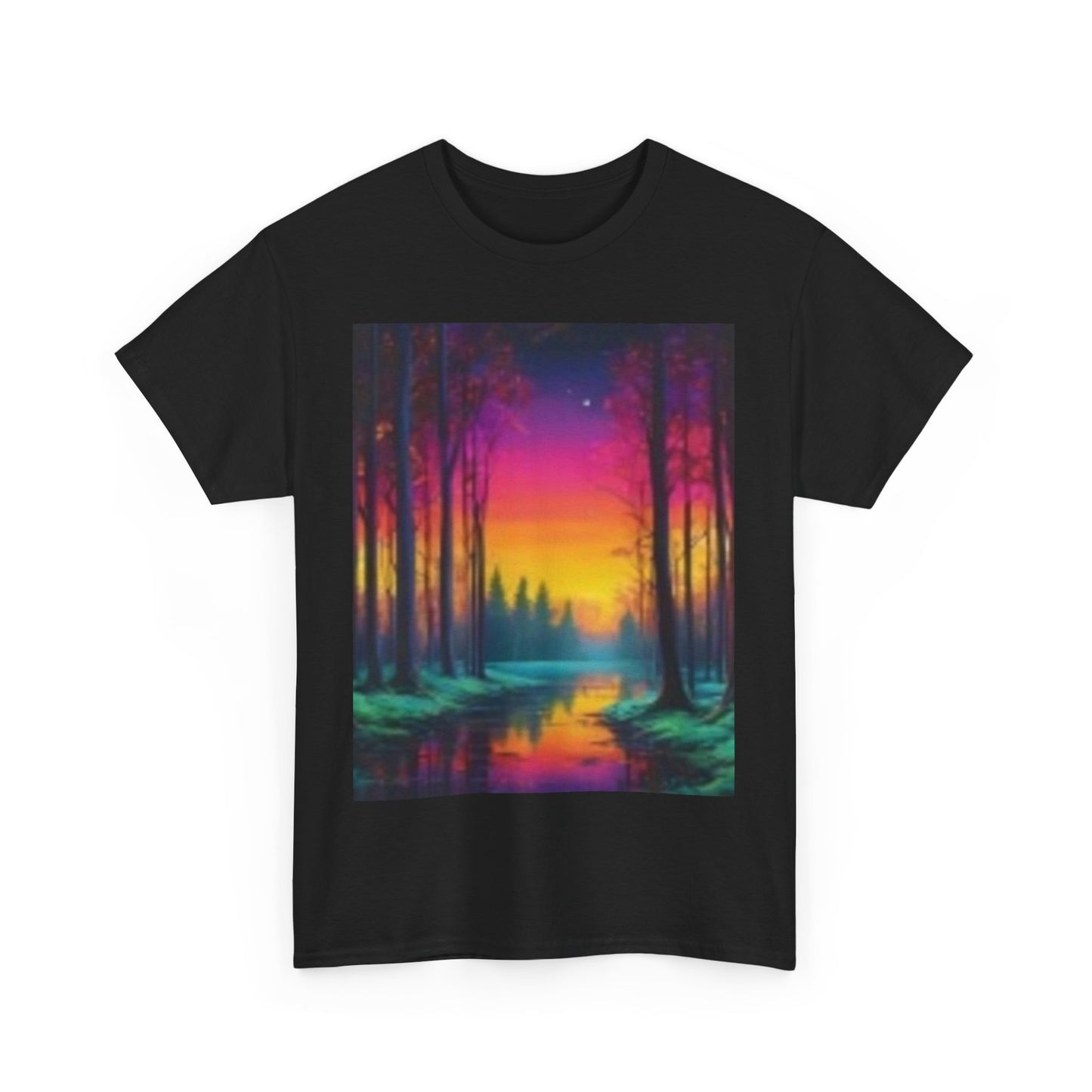 Camiseta unisex de algodón grueso con paisaje de atardecer vibrante 