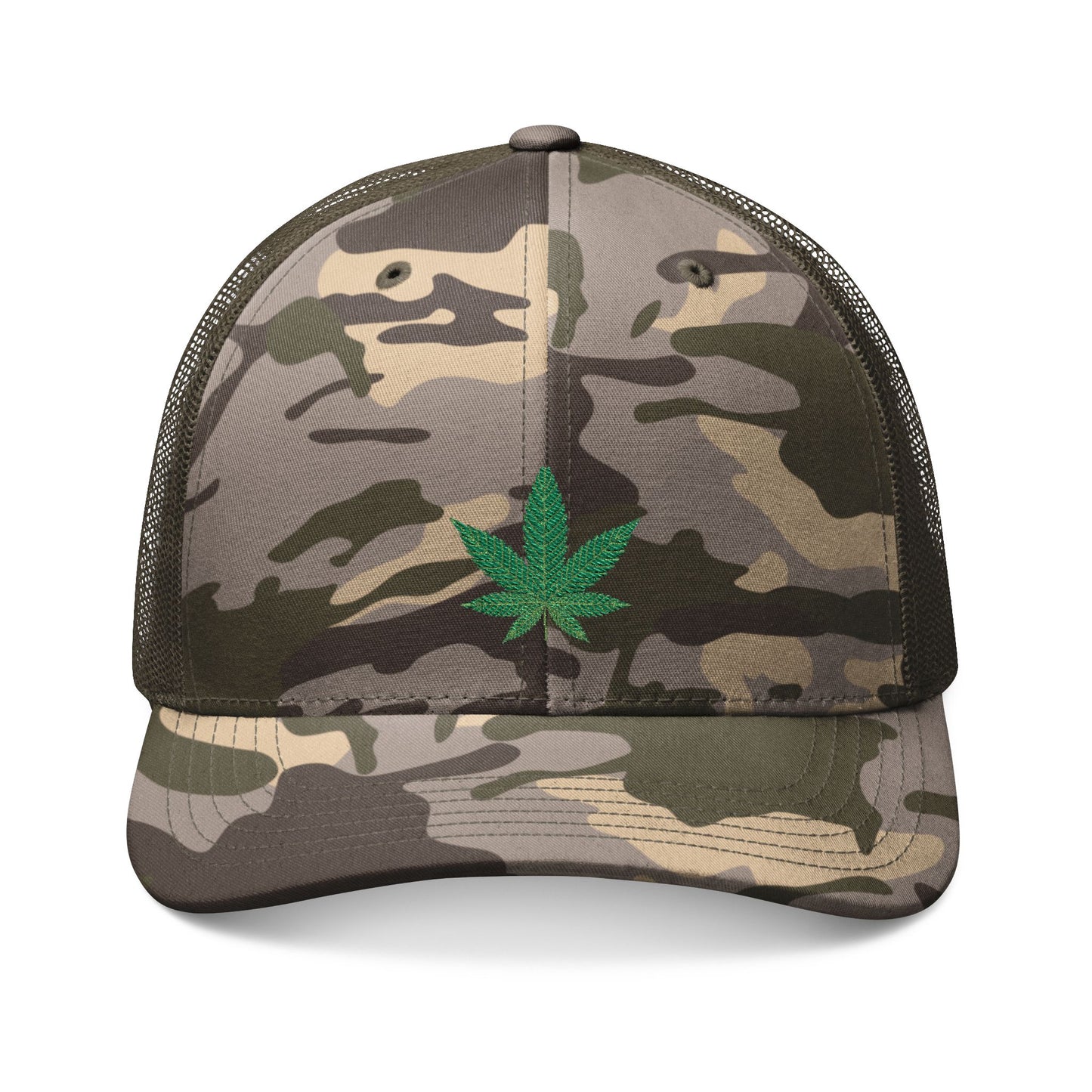 Green Cannabis Leaf Camouflage Trucker Hat - Stylish Embroidered Cap for Outdoor Enthusiasts