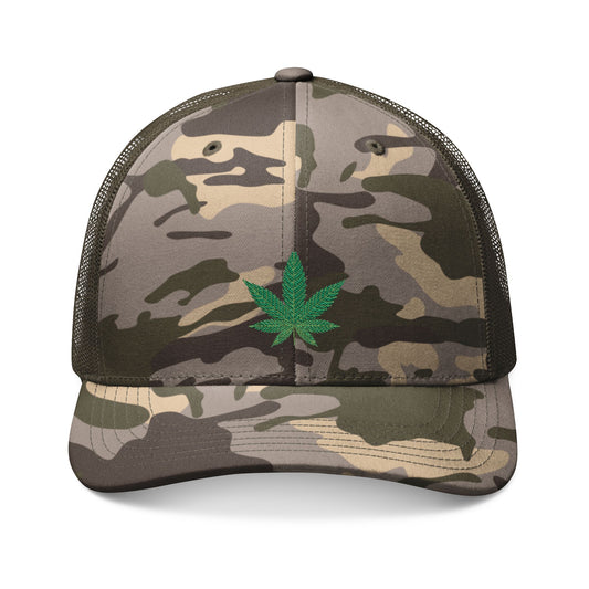 Green Cannabis Leaf Camouflage Trucker Hat - Stylish Embroidered Cap for Outdoor Enthusiasts