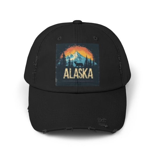 Unisex Distressed Cap - Vintage Alaska Mountain Graphic Hat