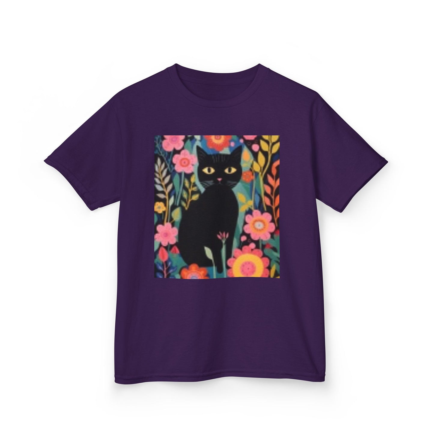 Black Cat Floral Kids Heavy Cotton Tee - Fun & Colorful Design