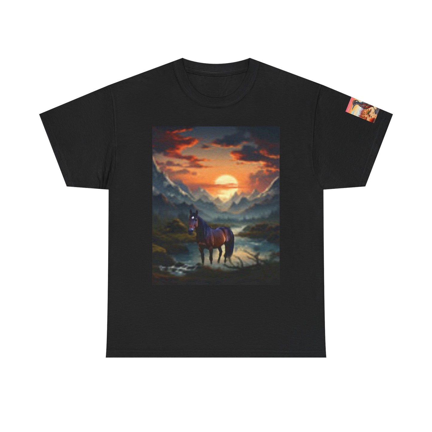 Majestic Horse Unisex Heavy Cotton Tee - Nature Sunset Design