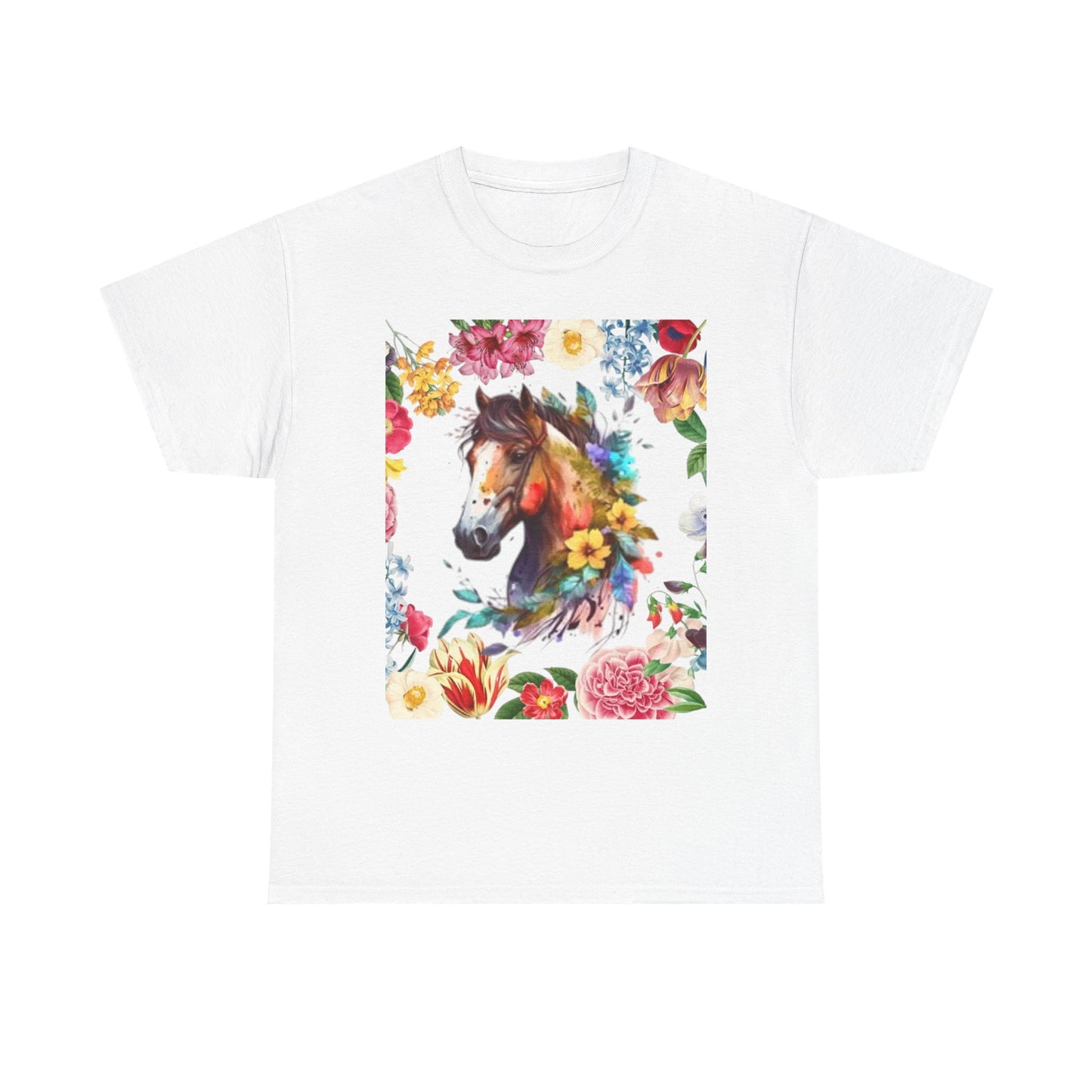 Camiseta unisex de algodón grueso con diseño de caballo floral: regalo para amantes de la naturaleza, perfecta para primavera y verano. 