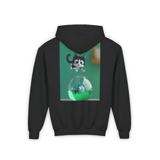 Youth Heavy Blend Hooded Sweatshirt S, M, L, XL Size Cat Jumping Over Fish Bowl