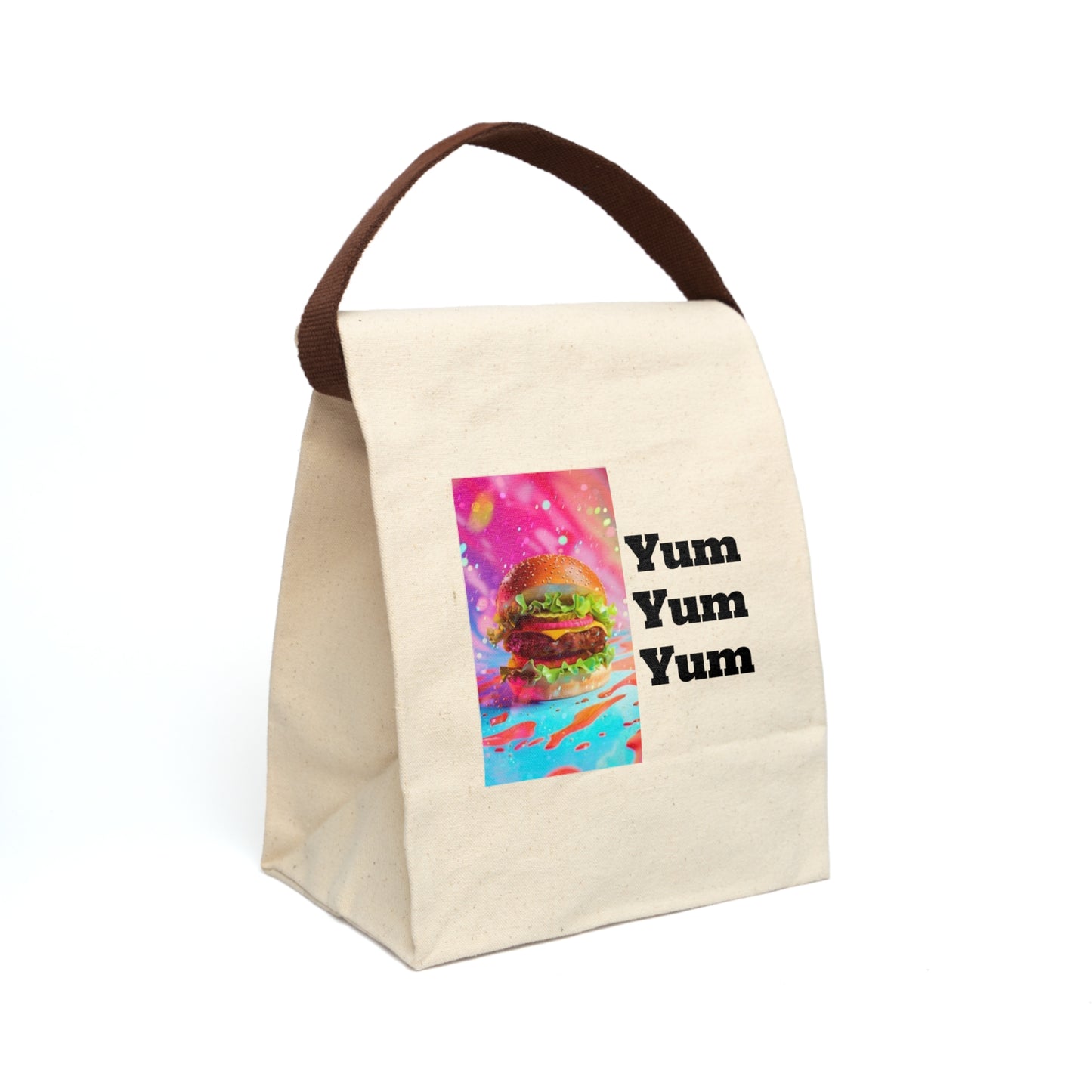 Yum Yum Yum Canvas Lunch Bag - Fun and Colorful Tote for Foodies