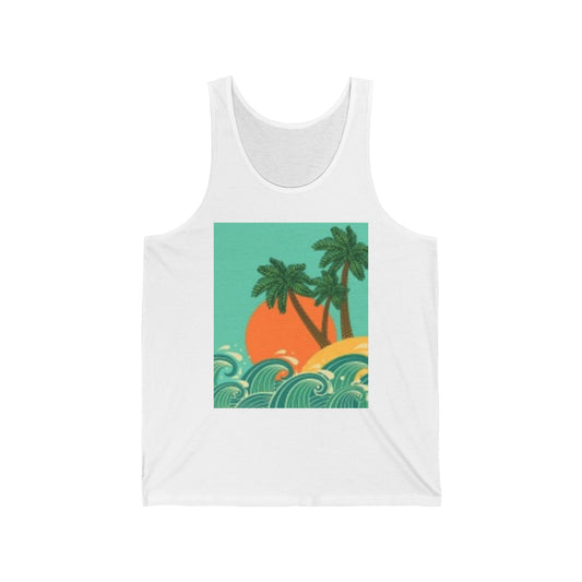 Camiseta unisex de jersey con estampado tropical al atardecer – Ropa playera de verano 