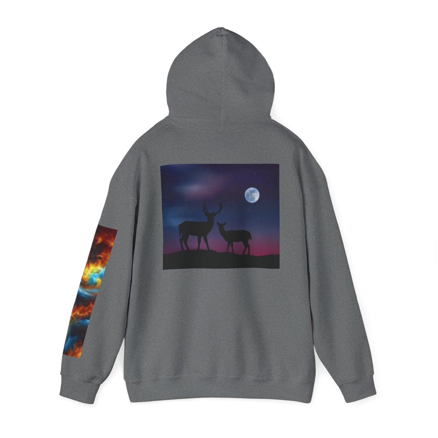 Sudadera con capucha vibrante con temática natural: patrones cósmicos y siluetas de vida silvestre 
