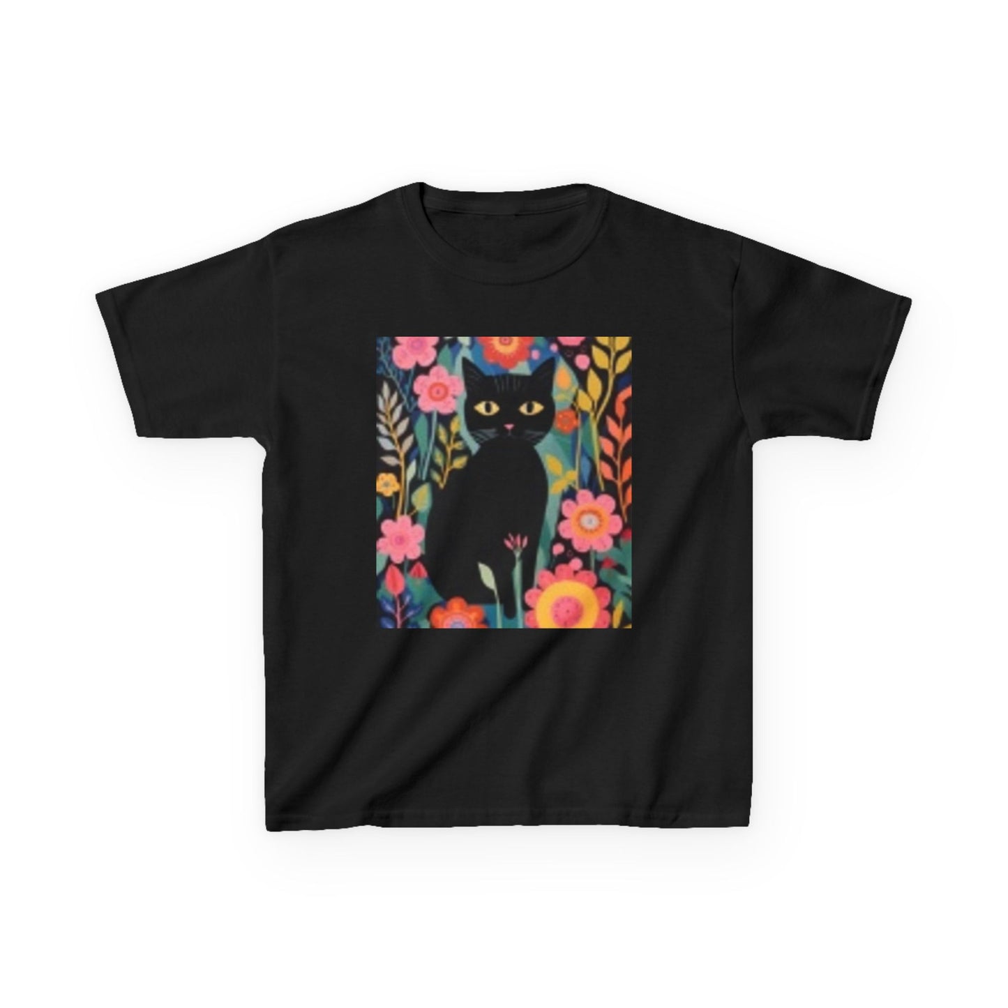 Black Cat Floral Kids Heavy Cotton Tee - Fun & Colorful Design