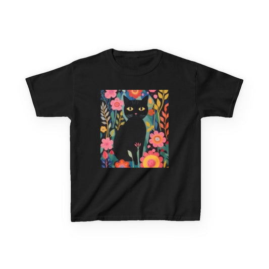 T-shirt en coton épais pour enfant à motif chat noir et fleurs – Design amusant et coloré 