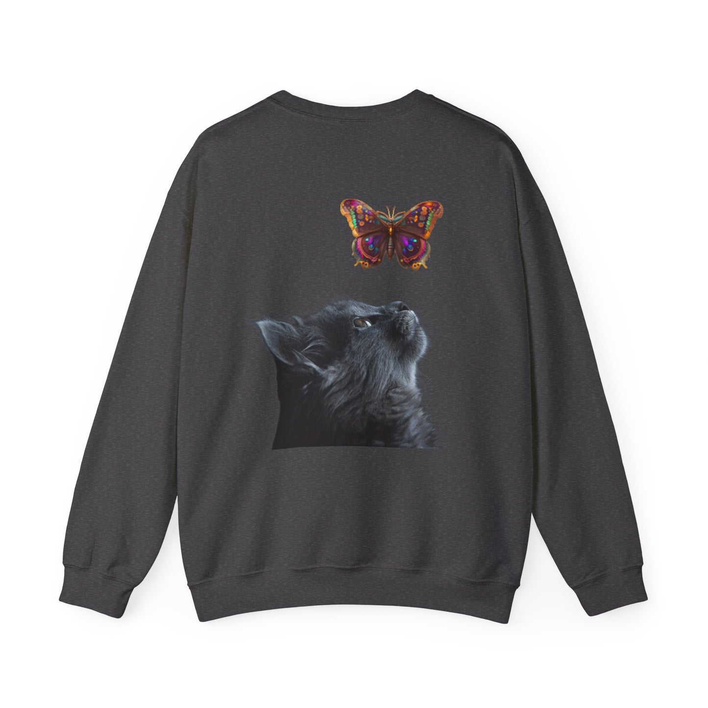 Sudadera unisex de cuello redondo con diseño de gato y mariposa: un regalo acogedor y artístico para los amantes de los gatos.