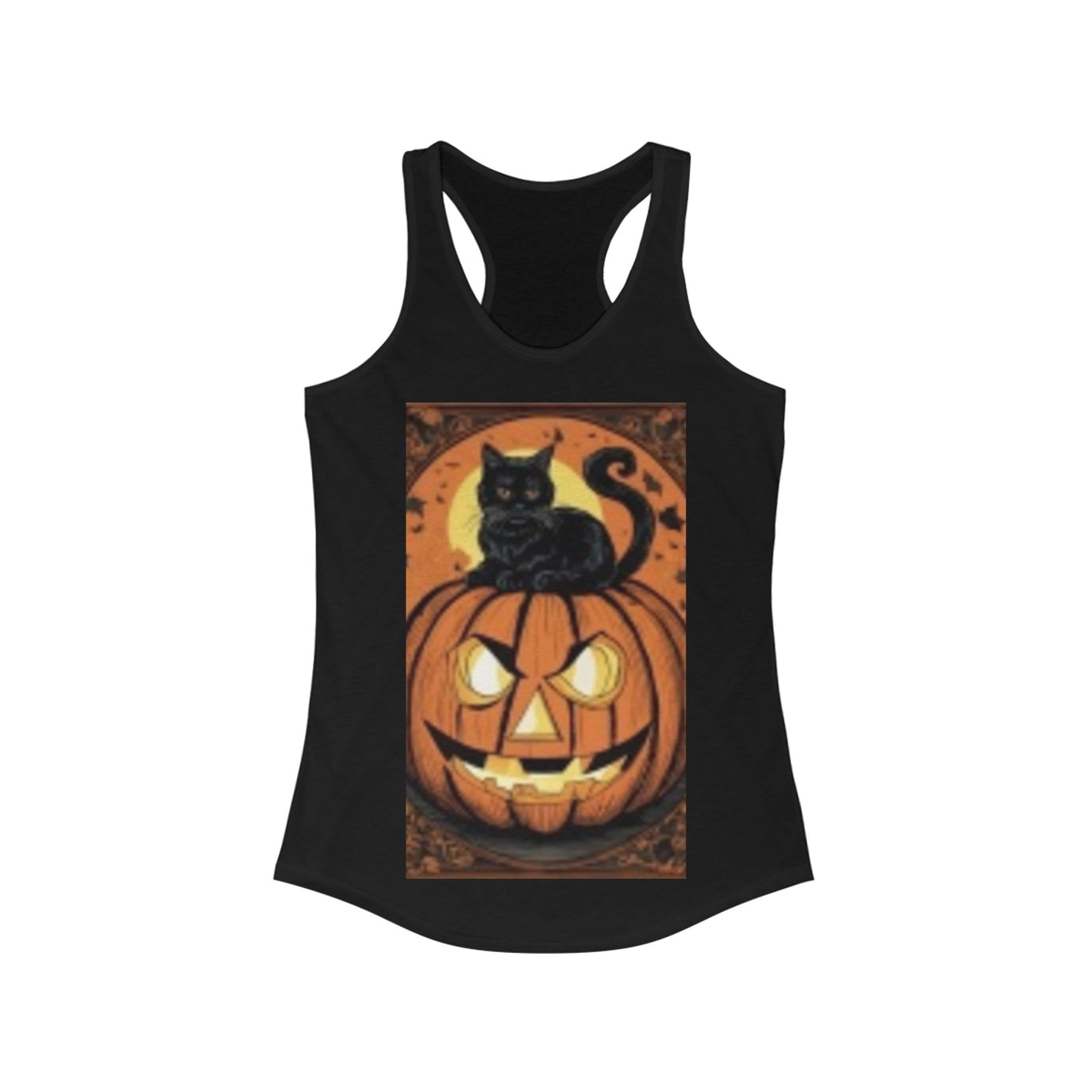 Black Cat sitting on Pumpkin Sunset Women's Ideal Racerback Tank Halloween