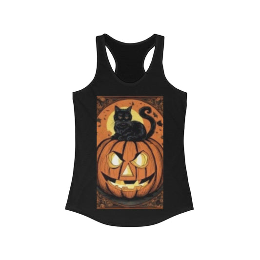 Black Cat sitting on Pumpkin Sunset Women's Ideal Racerback Tank Halloween