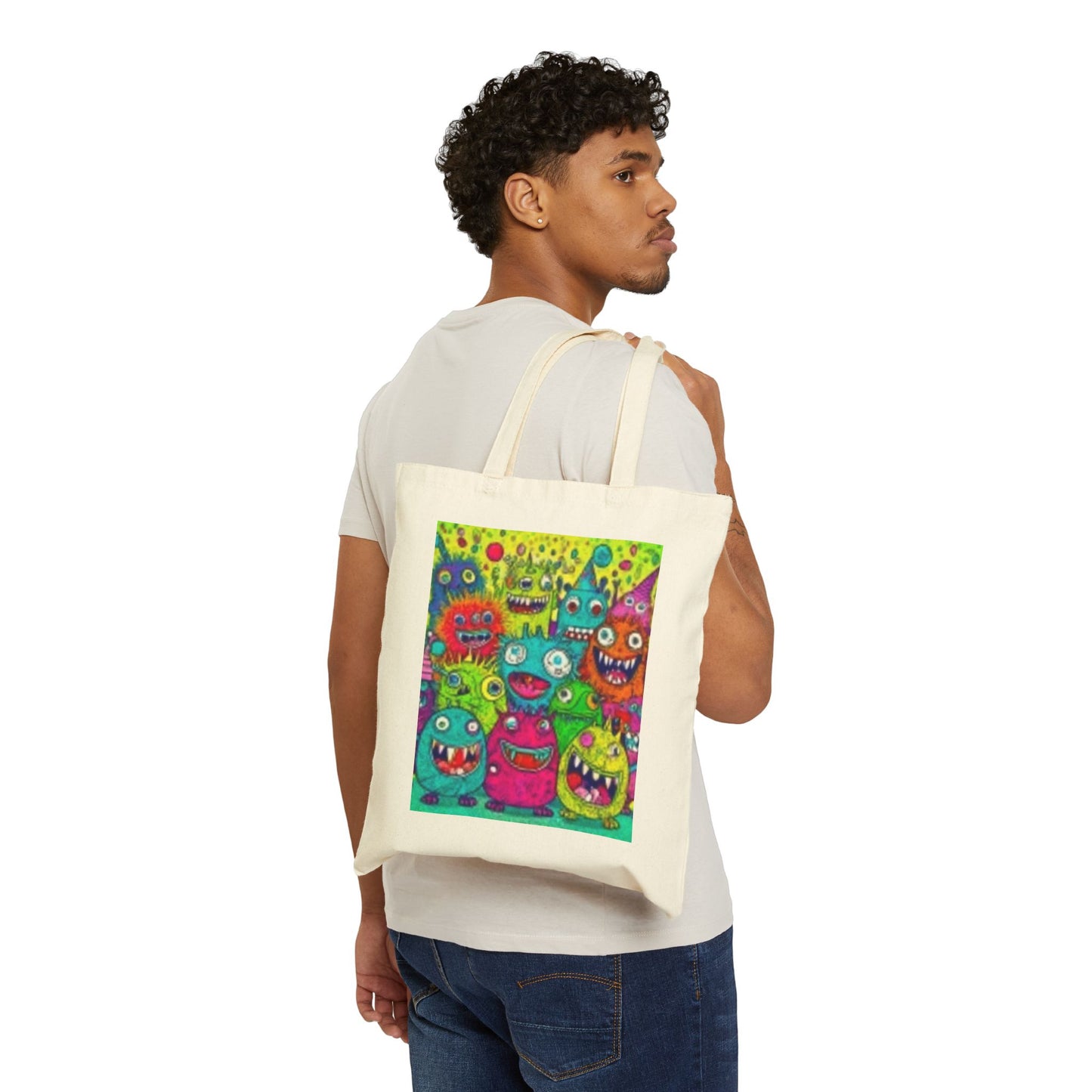 Monsters & Yellow Flower, Eco-Friendly Shopping Bag, Fun and Funky Canvas Bag, Perfect Gift for Art Lovers, Summer Vibes