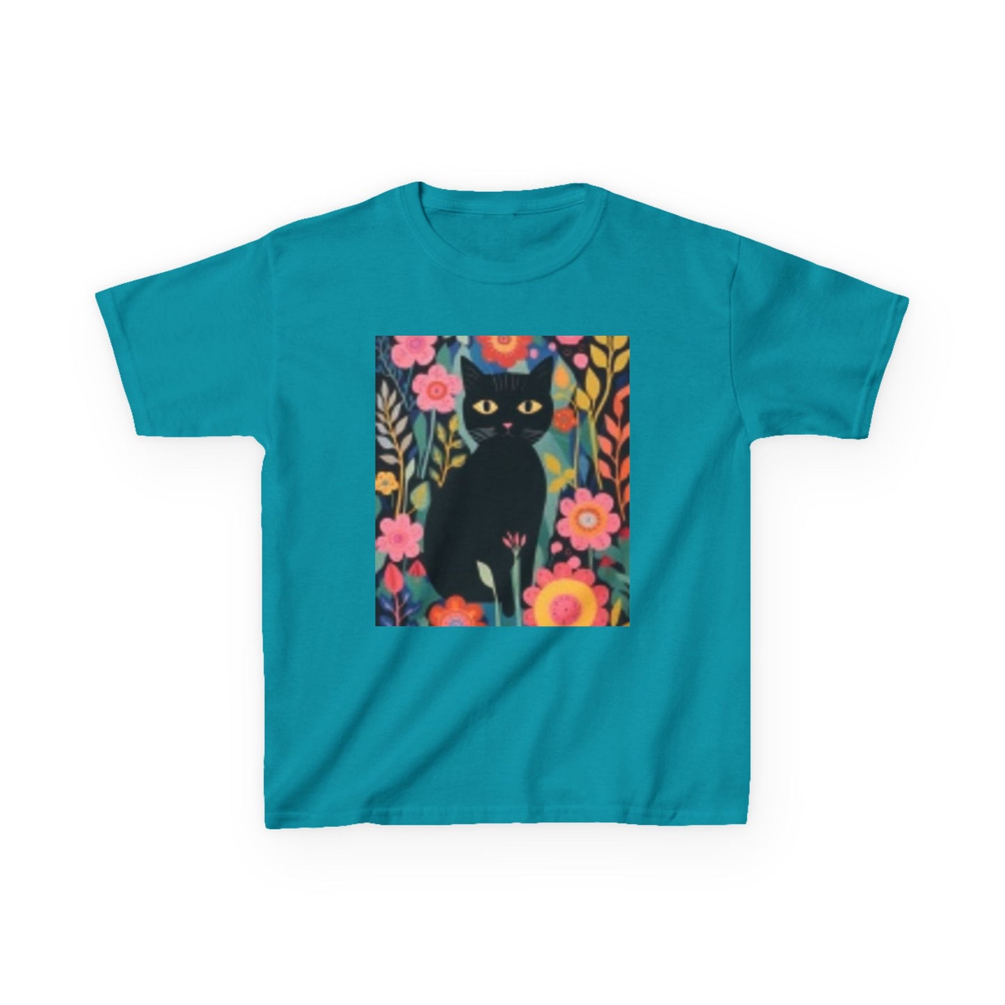 Black Cat Floral Kids Heavy Cotton Tee - Fun & Colorful Design