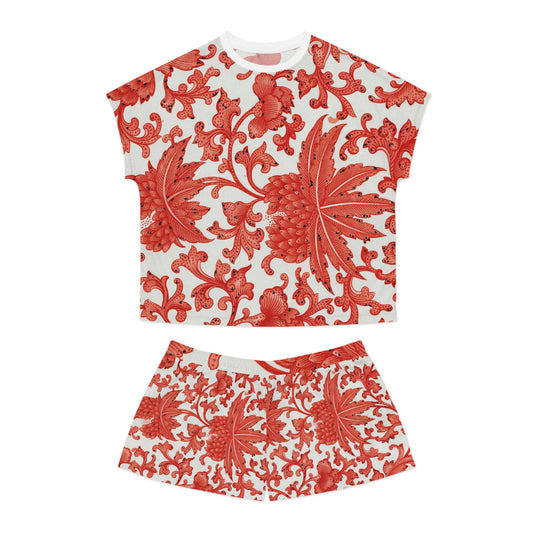 Women's Short Pajama Set Red Leaves Fancy